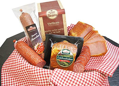 Schlemmerbox Wurstgeschenk & Kaffee Set geröstete Kaffeebohnen gemahlen | Salami Schinken geräuchert auf Buchenholz | Delikatessen Geschenkset für Männer und Frauen mit gemahlener Kaffee