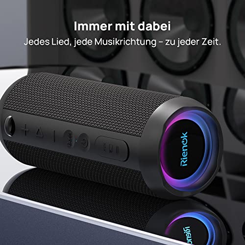 RIENOK Bluetooth Lautsprecher mit Licht Bluetooth 5.3 Musikbox Bass Kabellos Box mit IPX7 wasserdicht 30W Stereo Sound Tragbar