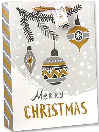 Bambelaa! 12 Stück Merry Christmas Geschenktüten Weihnachten Geschenktaschen Groß Papiertüten Weihnachtstüten 157 g Papier Gold Silber Weiß Matt (Ca. 25x8,5x34 cm)