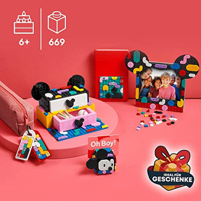 LEGO 41964 DOTS Micky & Minnie Kreativbox zum Schulanfang, 6-in-1 Bastelset mit Taschenanhängern, Aufkleber und Büro-Set Spielzeug, Geschenkidee Weihnachten