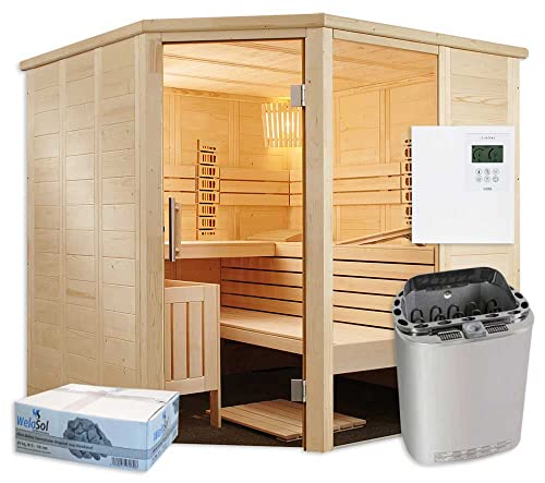 Well Solutions Bi-o Sauna Alaska Corner mit Infrarot | Saunakabine inklusive Bi-o Saunaofen Scandia Combi und Well Solutions Steuerung Slimline 1200 Made in Germany