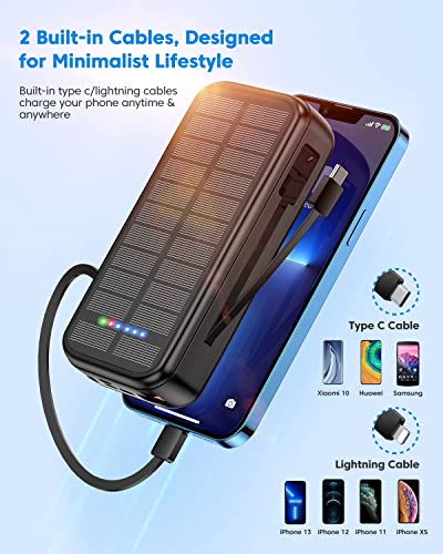 Solar Powerbank 30000mAh 20W Schnelles Aufladen Externe Akkus Power bank USB C Tragbares Ladegerät Outdoor 5 Ausgängen und 4 Eingängen Powerbank mit Kabel für iPhone Samsung Huawei Xiaomi Oppo Schwarz