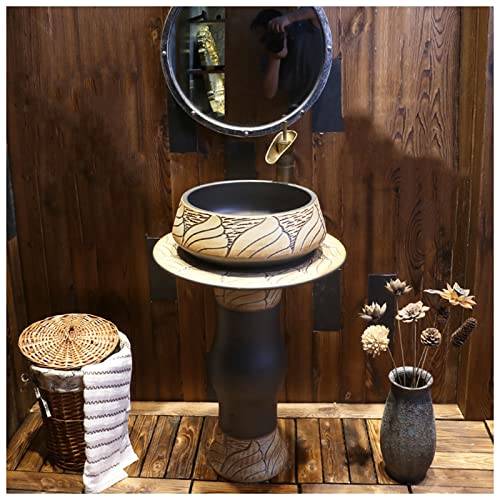 YRRA Waschtisch Stehend Badmöbel Keramik Mode Carving Rund Waschbecken Washbasin with Combination Tap and Drain für drinnen und draußen,G,with Mirror