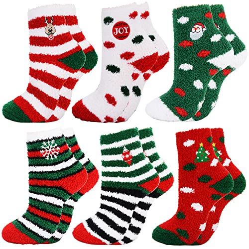 Fascigirl 6 Paare Weihnachtssocken Damen Kuschelsocken Flauschige Socken Weihnachten Socken Lustige Winter Warme Bettsocken Adventkalender Socken Christmas Wichtelgeschenk Geschenk für Frauen Damen