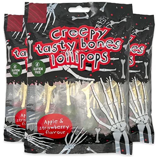 3 Tüten Halloween Süßigkeiten Süßwaren, Halloween-Candy einzeln verpackt als gruseliges Mitgebsel (Creepy Tasty Bones Lollipops, 3x80g)