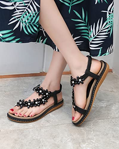 Amissz Damen Sommer Sandalen Bohemian Strass Flach Sandaletten Sommer Strand Schuhe Damen Zehentrenner (Schwarz, 36 EU)