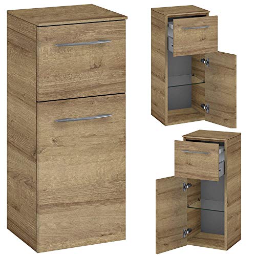 Lomadox Badmöbel Komplett Set, Eiche Riviera, 120cm Spiegelschrank mit LED Beleuchtung, 121cm Waschtisch-Unterschrank mit Waschbecken, Hochschrank, Highboard, Schubladen & Türen mit Softclose