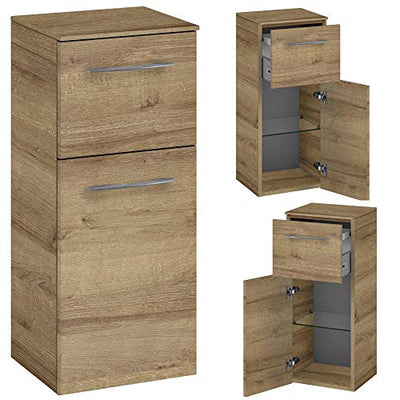 Lomadox Badmöbel Komplett Set, Eiche Riviera, 120cm Spiegelschrank mit LED Beleuchtung, 121cm Waschtisch-Unterschrank mit Waschbecken, Hochschrank, Highboard, Schubladen & Türen mit Softclose