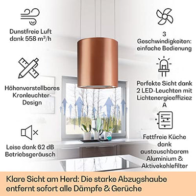 Klarstein Inselhaube, Dunstabzugshaube Umluft, Leise Abzugshaube für Kochinsel, Aktivkohlefilter, Inselhauben Freihängend Kronleuchter-Design, 3 Stufen Dunstabzugshaube mit Filter, 558m³/h Luftstrom