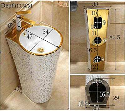 YYZD® Keramik Waschbecken Mosaik Gold stilvolle runde Sockel Waschbecken Keramik Waschbecken mit Ständer Sockel Waschbecken mit Überlauf