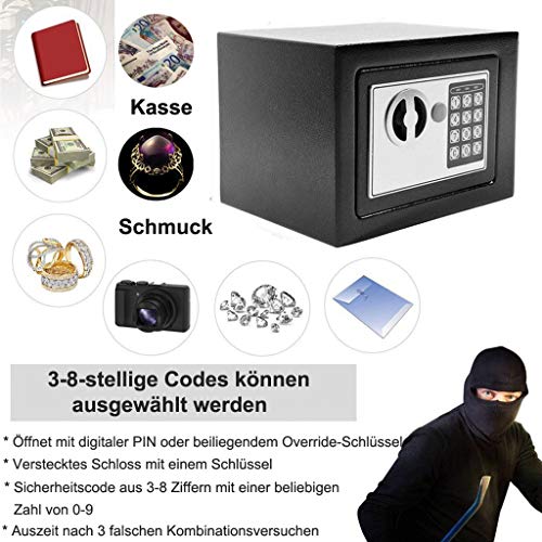 Klein Elektronik Safe Tresor mit zahlenschloss und 2 Notschlüssel Wasserdichte Sicherheitsbox Wandtresor Schwarz 23 x 17 x 17 cm