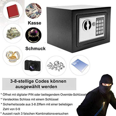 Klein Elektronik Safe Tresor mit zahlenschloss und 2 Notschlüssel Wasserdichte Sicherheitsbox Wandtresor Schwarz 23 x 17 x 17 cm