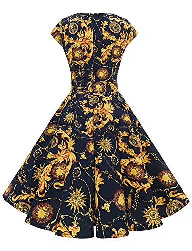 Dressystar Damen Vintage Retro Cocktailkleid Rockabilly Knielang Faltenrock Rundhalsausschnitt Party Kleider Navy Gold Flower XS