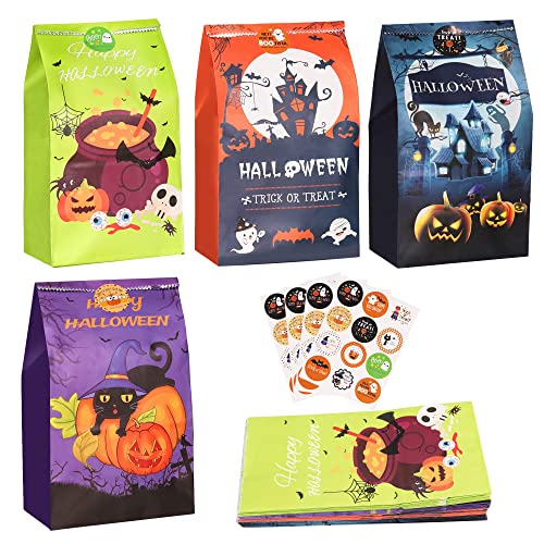 Halloween Süßigkeit Taschen Behandelt Taschen, AUERVO 20 Stück Kinder Halloween Candy Papiertüten für Süßes oder Saures mit 24 Stück Halloween Aufkleber, Partytüten Papier Geschenktüten Goodie Taschen