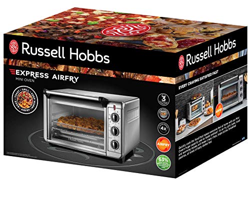 Russell Hobbs Backofen Airfry [5-in-1: Heißluftfritteuse, Minibackofen, Grill, Toaster, Warmhaltefunktion] Express (22,8l, Pizza Ø 30cm, inkl. Frittierkorb, Backblech, Grillrost) Umluft- Ofen 26095-56