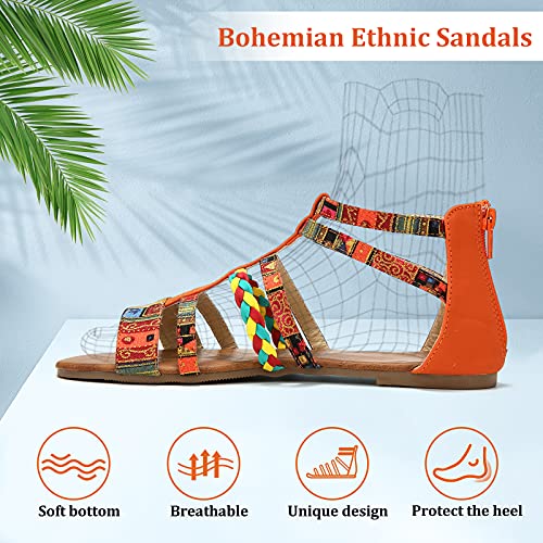 Camfosy Damen Flach Römische Sandalen,Frauen Böhmen Mehrfarbig Webmuster Sommerschuhe Freizeit Urlaub rutschfest Gemütlich Reißverschluss Riemchensandalen - Blau Orange Rot