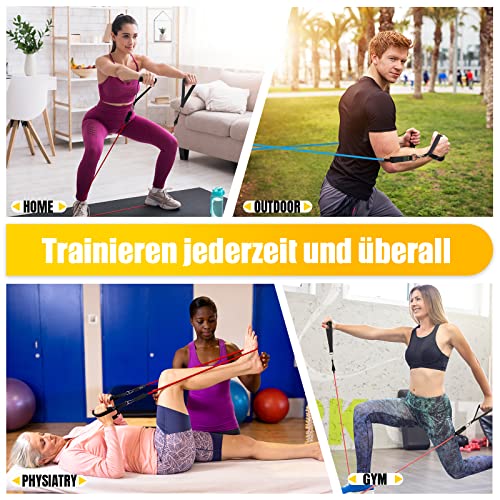 Resistance Bands Widerstandsbänder Set, 5 Fitnessbänder Expander Tube Bands, Fitnessband mit Großem Griff Knöchelriemen Türankerbefestigung Tragtasche, Ideal für Pilates Krafttraining Physiotherapie