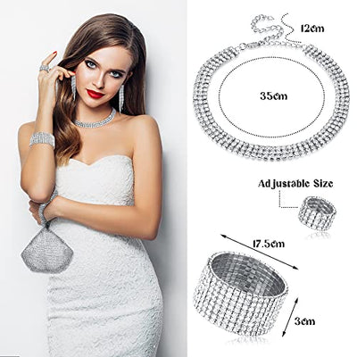 Kakonia 6 Stück Hochzeit Schmuckset für Damen Kristall Braut Halskette Vintage Strass Tasche Ohrringe und Armband Set Hochzeit Verlobung Braut Brautjungfer Dirndl Party Geschenk Schmuck