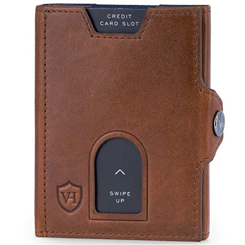 VON HEESEN® Slim Wallet mit XL Münzfach und RFID-Schutz I Leder Geldbeutel I Mini Geldbörse für Herren und Damen I Kartenetui Echtleder Karten Portemonnaie klein I Kreditkartenetui Cognac-Braun