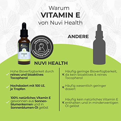 Vitamin E - 100 I.E - 500 Tropfen = 50 ML - Premium: Natürliches bioaktives D-alpha-Tocopherol aus Sonnenblumenkernen - Hochdosiert - Vegan - Laborgeprüft