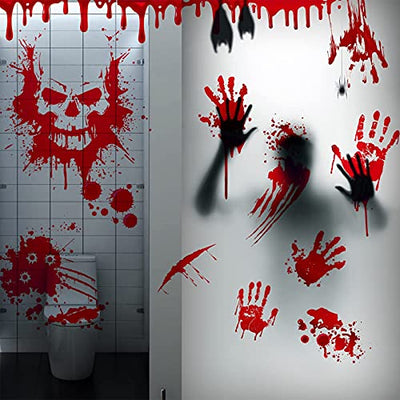 Moxled Halloween Deko Horror, Blutige Fenster Handabdruck Fußabdruck, 2 Sets Halloween Fenster Tür Aufkleber & 8 Sets Blutige Mauer Boden Aufkleber 88pcs Blutige Aufkleber für Halloween Party