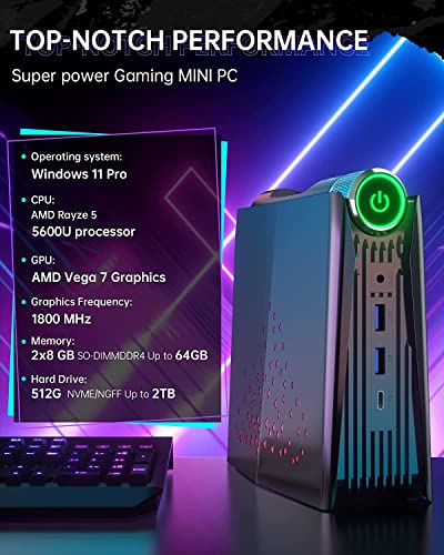 [3-Modus-Anpassung] Mini Gaming PC, RGB-Leuchten AMD Ryzen 5 5600U 16 GB DDR4 512 GB NVMe SSD Windows 11 Pro AMR5 Mini-Computer 4K HDMI DP Type-C WiFi 6 BT 5.2 Kleiner PC, automatisches Einschalten