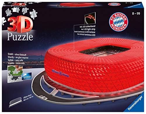 Ravensburger 3D Puzzle 12530 - Allianz Arena bei Nacht - FC Bayern München Fanartikel, 3D Puzzle für Erwachsene und Kinder ab 8 Jahren, Leuchtet im Dunkeln