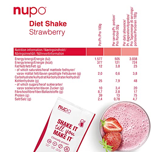 NUPO Diet Shake Erdbeere – Premium Diät-Shake zum Abnehmen I Kompletter Mahlzeitersatz zum Abnehmen I 12 Portionen I Very low calorie diet, glutenfrei, GMO frei