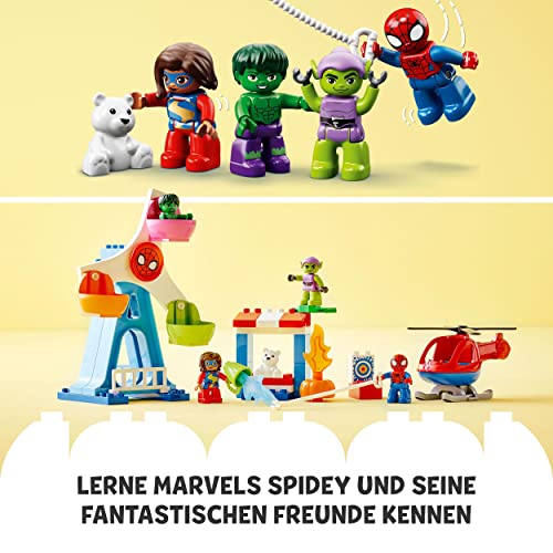 LEGO 10963 DUPLO Marvel Spider-Man & Friends: Jahrmarktabenteuer, Freizeitpark mit Spielzeug-Hubschrauber, Hulk und Green Goblin Figur, Spielzeug für Mädchen und Jungen ab 2 Jahre