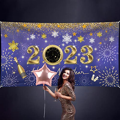 2023 Happy New Year Hintergrund Banner 200 x 110 cm Große Größe Happy New Year Banner Lila Hintergrund Banner Silvester Party Dekorationen Zubehör für Neujahr Party Dekorationen Feier