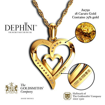 DEPHINI Gold Halskette - Gelb Hallmarked 18 Karat Gold - Double Love Herz Anhänger mit CZ-Kristallen - Feine Schmuck Frau Halskette - 18 Karat Gold Kette 18 Zoll - A + Zirkonia - Geschenke für Frauen