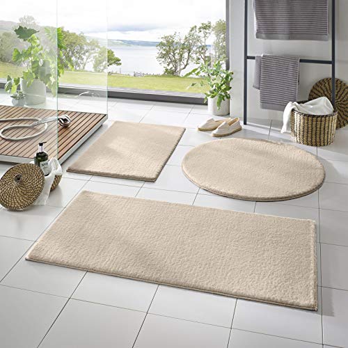 Taracarpet Badematte Fiona rutschfest waschbar Badezimmerteppich sehr weich und als Set kombinierbar Uni Creme 120 cm rund