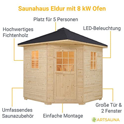 Artsauna Gartensauna Eldur mit 8 kW Ofen, Beleuchtung & Zubehör - Saunahaus aus Fichtenholz - Außensauna für 5 Personen - Outdoor Sauna 200x200x256 cm