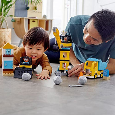 LEGO 10932 DUPLO Baustelle mit Abrissbirne, Spielzeug mit Baustellenfahrzeugen wie LKW, Kran und Bagger, Motorikspielzeug für Kinder ab 2 Jahre