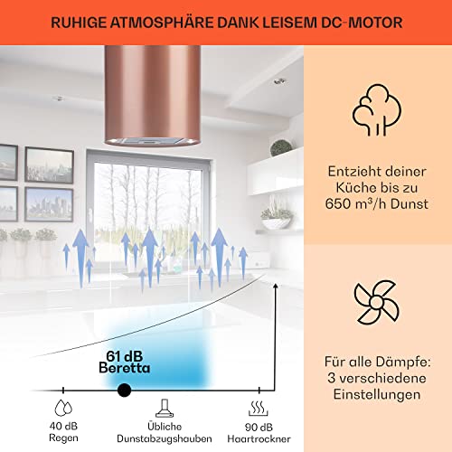 Klarstein Beretta Dunstabzugshaube - Insel-abzugshaube, Inselhaube, 35 cm (Ø) / 60 cm Abdeckungung, Abluft/Umluft, 650 m³/h, inklusive Aktivkohlefiltern, Energieeffizienzklasse C, kupfer