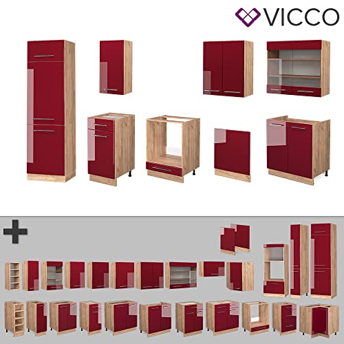 Vicco Küchenzeile Küchenblock Einbauküche Fame-Line 300 cm modern Schubunterschrank Herdumbauschrank Spülenunterschrank Hängeschrank Kühlumbauschrank (Eiche-Bordeaux-Rot Hochglanz)