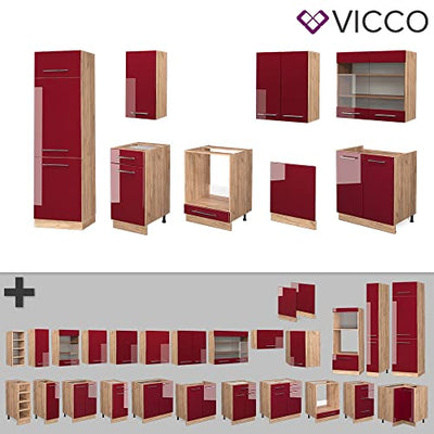 Vicco Küchenzeile Küchenblock Einbauküche Fame-Line 300 cm modern Schubunterschrank Herdumbauschrank Spülenunterschrank Hängeschrank Kühlumbauschrank (Eiche-Bordeaux-Rot Hochglanz)