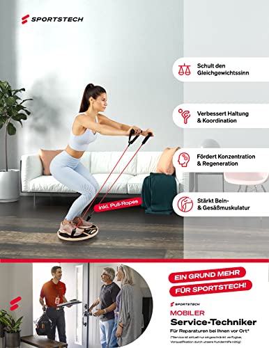 Sportstech Premium Balance Board aus Holz & integrierter Gleichgewichtswaage | Fitnessgerät für Zuhause | Gleichgewichtstrainer & Wackelbrett für Ganzköpertraining | Plank Board mit Power-Rope | BB100