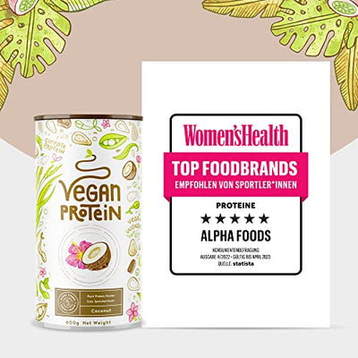 Vegan Protein - KOKOS - Pflanzliches Proteinpulver aus gesprossten Reis, Erbsen, Sojabohnen, Leinsamen, Amaranth, Sonnenblumen- und Kürbiskernen - 600 Gramm Pulver