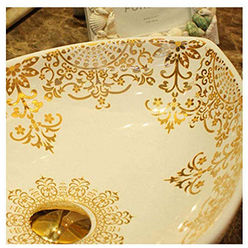 YIQIFEI Oval Jingdezhen Badezimmer Keramik Waschbecken Waschbecken Counter Top Waschbecken Waschbecken weiß mit Goldmuster Waschbecken