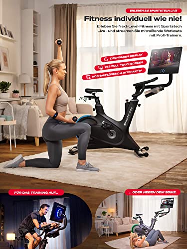 sBike Smart Indoor Cycling Bike, 21,5“ Touch Display, LED + Live & On Demand Kurse inkl. 1 Jahr Premium Mitgliedschaft im Wert von 360€ + großem Zubehör Bundle | Heimtrainer Sportstech Fitness Bike