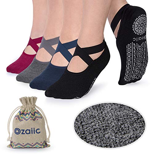 Ozaiic Yoga Socken rutschfeste für Damen für Pilates, Barre, Ballett, Tanz (EUR 35-41, 4 Paar-Schwarz / Navy / Dark Grey / Crimson)