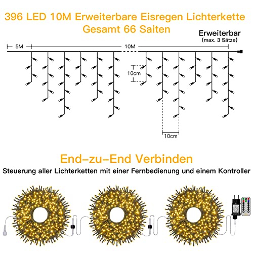 Weihnachtsbeleuchtung Außen, Ollny Eisregen Lichterkette Außen 10m 396LEDs 66Saiten, Lichtervorhang mit Fernbedienung & Timer Strom 8 Modi für Weihnachten, Silvester, Balkon - Lichterkette Warmweiß