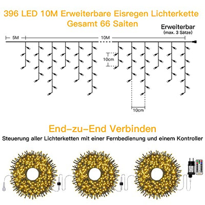 Weihnachtsbeleuchtung Außen, Ollny Eisregen Lichterkette Außen 10m 396LEDs 66Saiten, Lichtervorhang mit Fernbedienung & Timer Strom 8 Modi für Weihnachten, Silvester, Balkon - Lichterkette Warmweiß