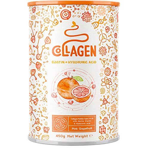 Collagen mit Elastin und Hyaluronsäure - Kollagen Hydrolysat Peptide Type I, II und III - Pink Grapefruit - 450 Gramm Pulver