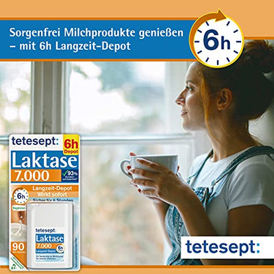 tetesept Laktase 7.000 – Laktasetabletten bei Laktoseunverträglichkeit – Nahrungsergänzungsmittel mit Sofortwirkung & 6h Langzeit-Depot – 1 Dose à 90 Stück