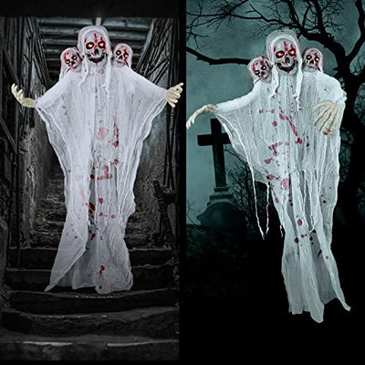 Halloween Hängende Geister Deko - 180 x 110 cm, Grusel Groß DREI Köpfe Skelett Türdeko Außen, Horror Glitzer Haustür Totenkopf Figuren für Garden | Spukhaus | Mottoparty, mit 2 x Haken Selbstklebend