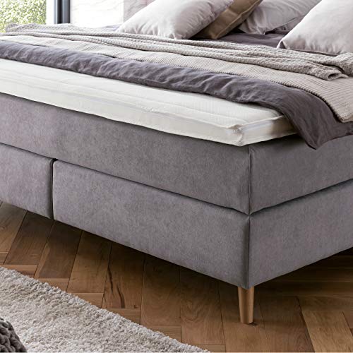 Möbelfreude Doluna Aurel Boxspringbett 200x220 cm Hellgrau H2/H3 | 7-Zonen Tonnentaschenfederkern Matratze & Visko-Topper mit Klimaband | Kopfteil mit umlaufender Keder | Made in Germany