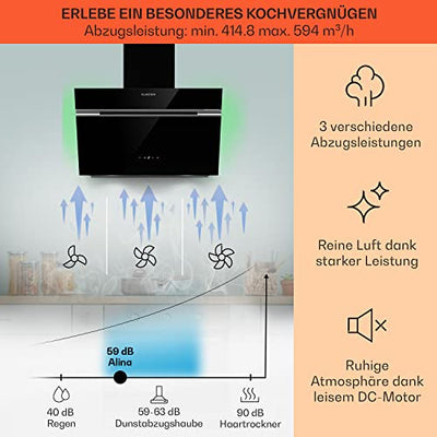 Klarstein Dunstabzugshaube, Abzugshaube für Küchen, Dunstabzugshaube mit Filter, Dunstabzug mit 594 m³/h Luftstrom, Wandhaube mit LED Beleuchtung, Energieklasse A, Dunstabzugshaube 60cm Umluft