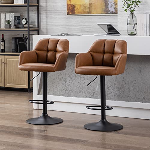 chairus Barhocker 2er Set PU Leder Sessel Barstuhl Ergonomischer 360° Drehbar Tresenhocker Küche Verstellbarer Höhe Bistrohocker (Braun(PU Leder-Armlehne))